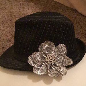 Black striped fedora hat with silver flower